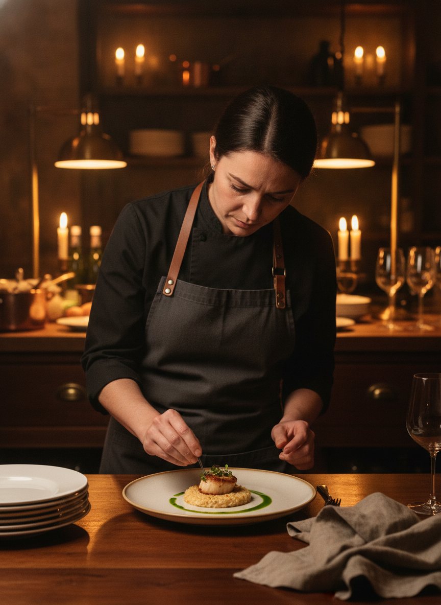 A private chef plating in a warm, professional kitchen.