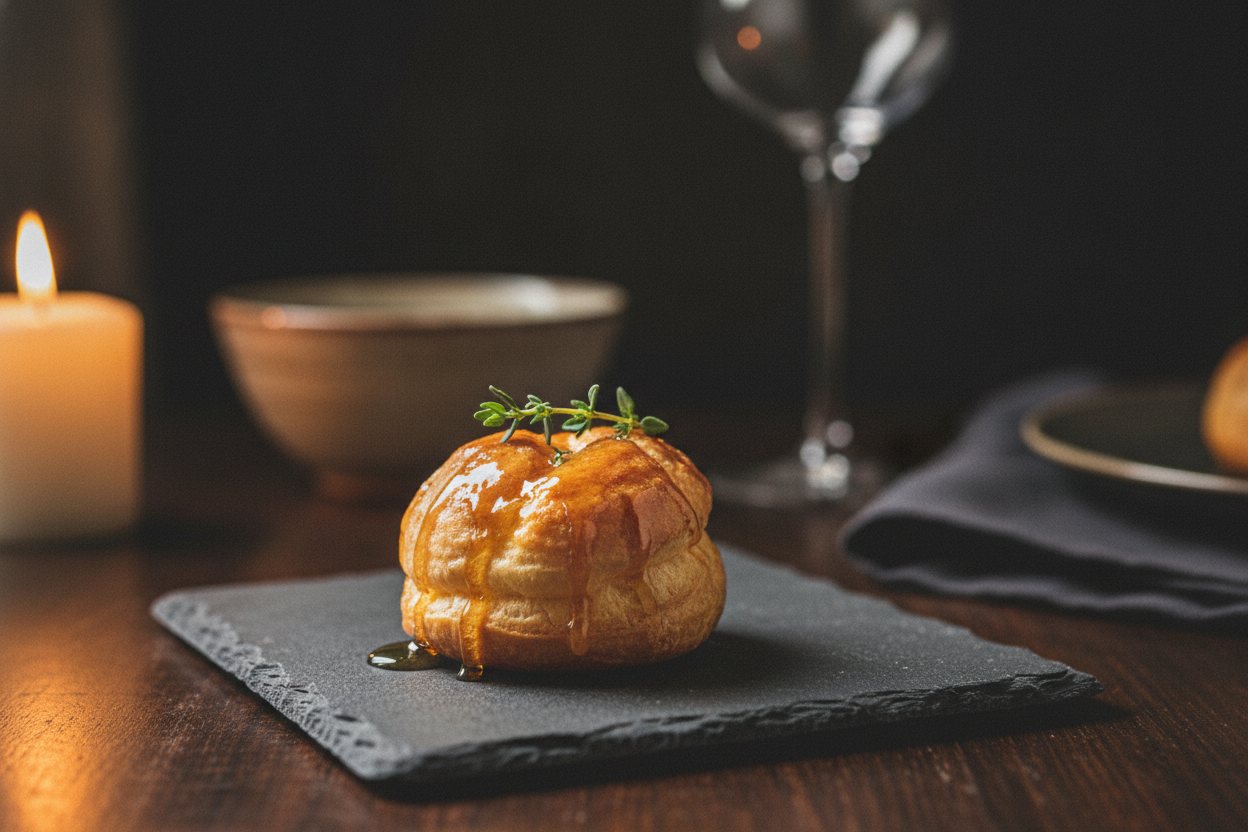A warm gougère canapé brushed with infused honey.