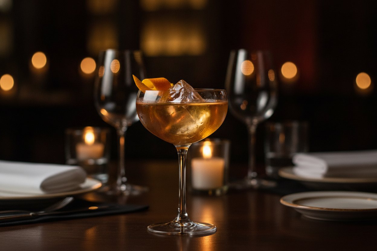 A garnished infused cocktail in a coupe glass with warm light.