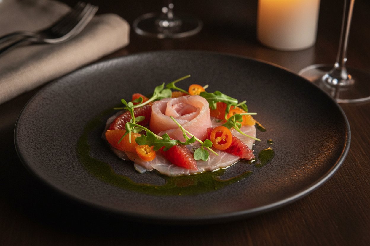 Citrus hamachi crudo with chili and infused olive oil.