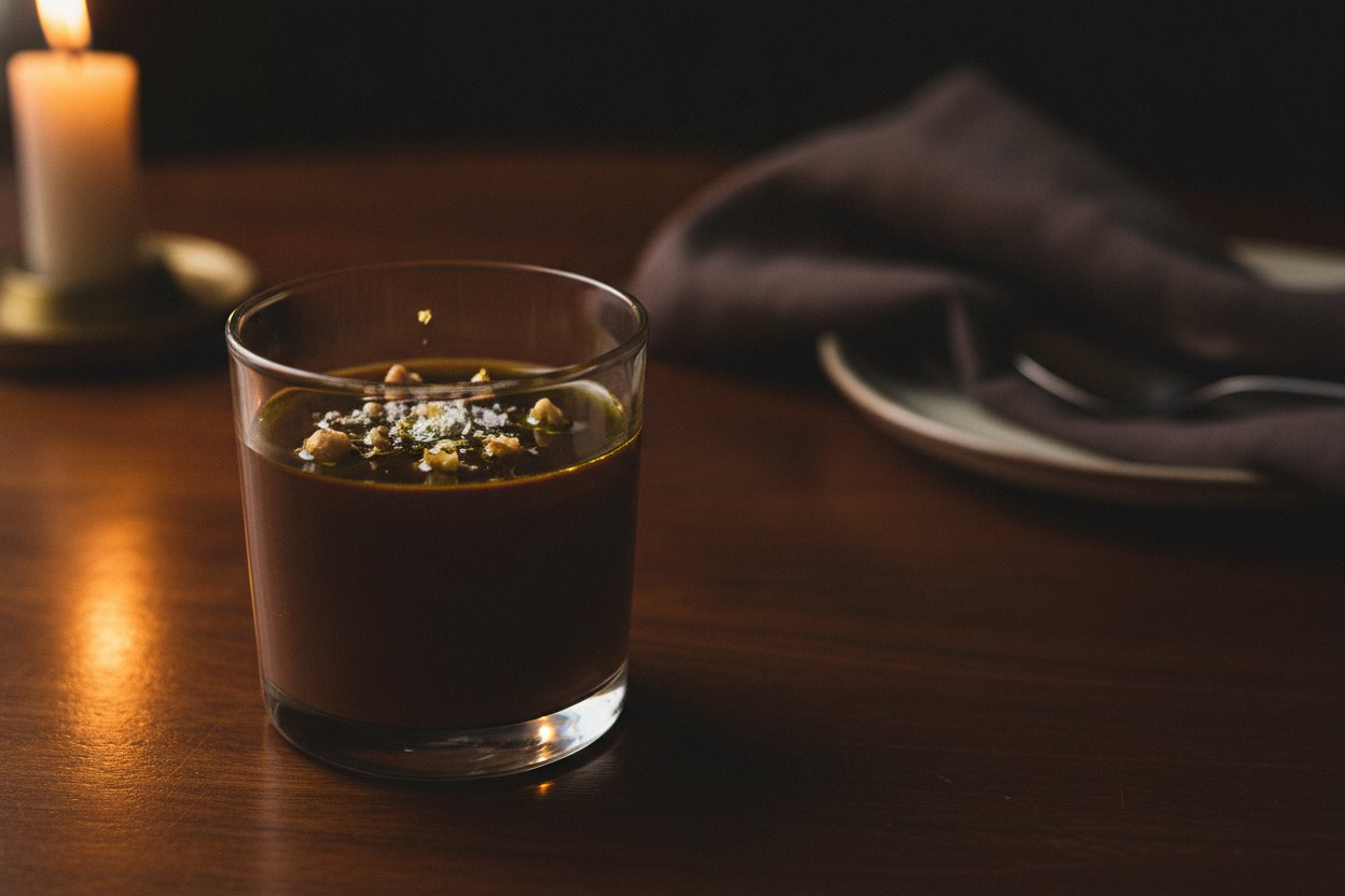 A dark chocolate pot de crème dusted with gold and sea salt.