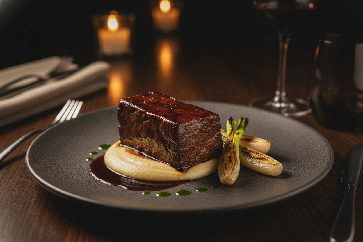 A glazed short rib main course plated with purée and greens.