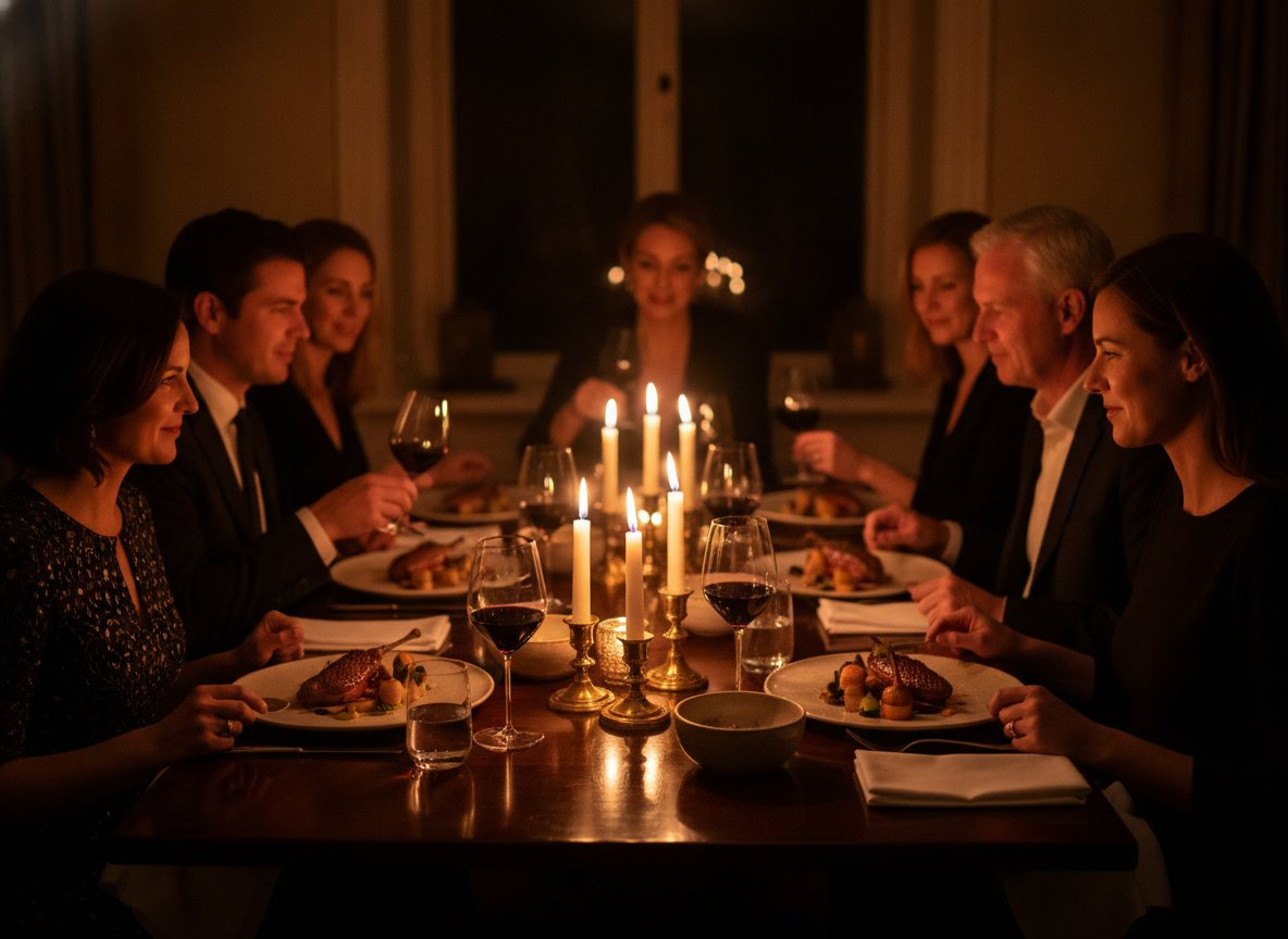 A candlelit private dinner table set for an intimate infused tasting menu.